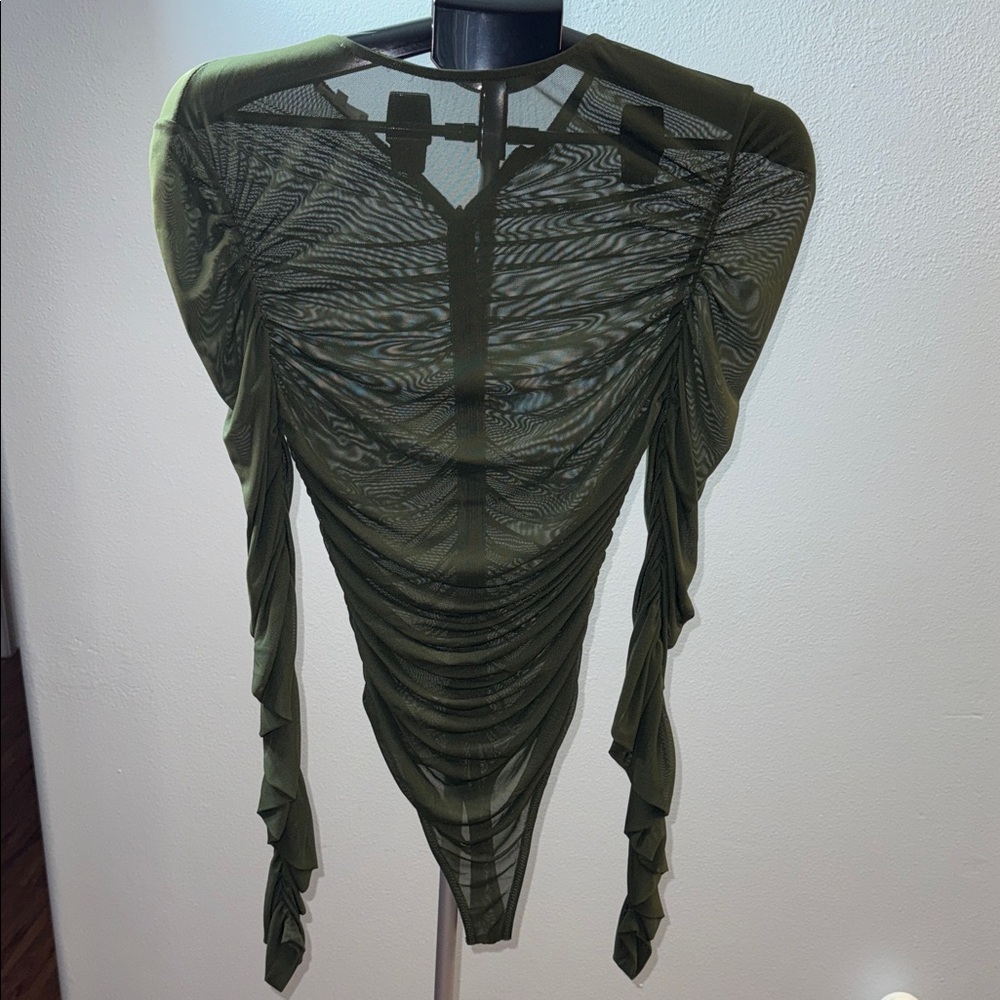 Olive Green Mesh Ruched Women Bodysuit